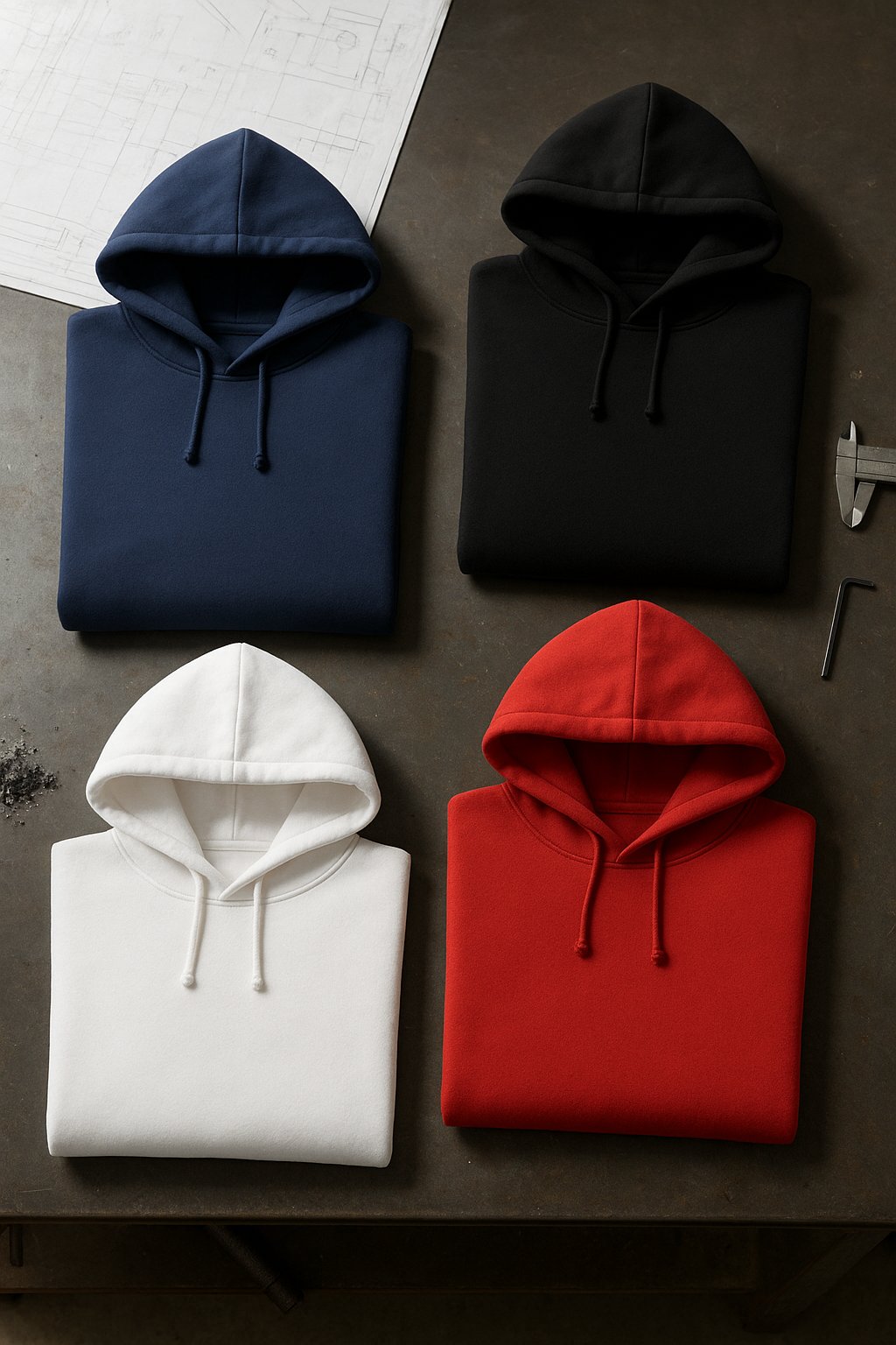 Five plain hoodies arranged for volume comparison