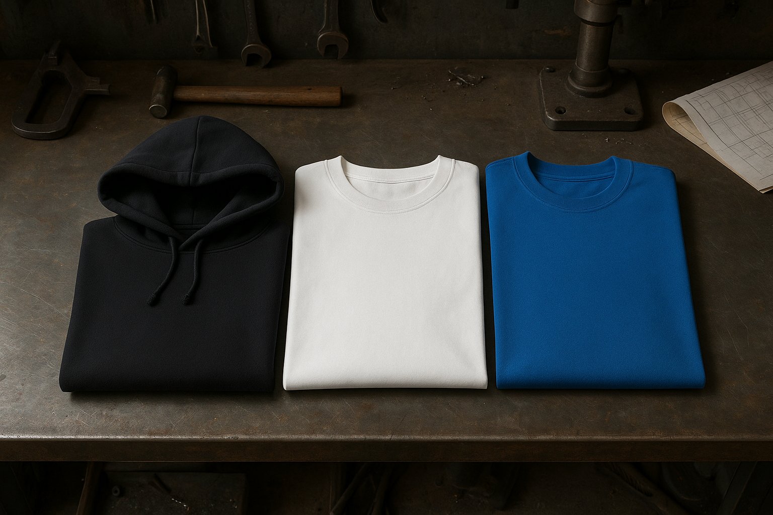 Black hoodie with white and cobalt T-shirts arranged for layering