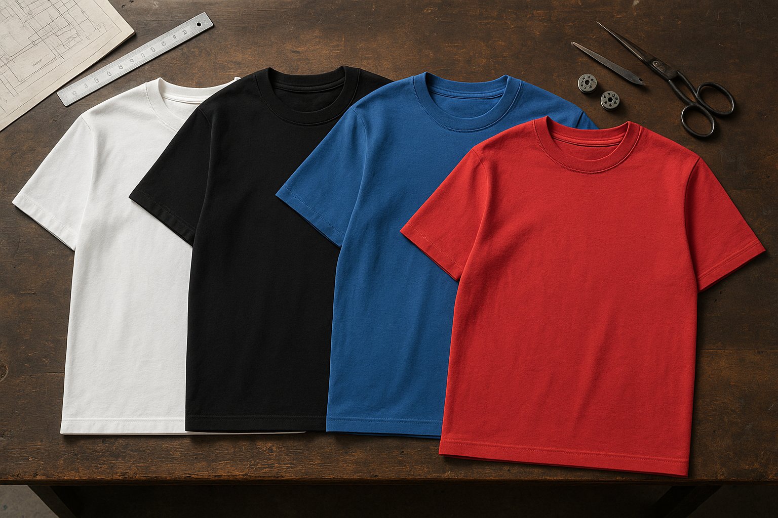 Five plain T-shirts arranged for cut comparison